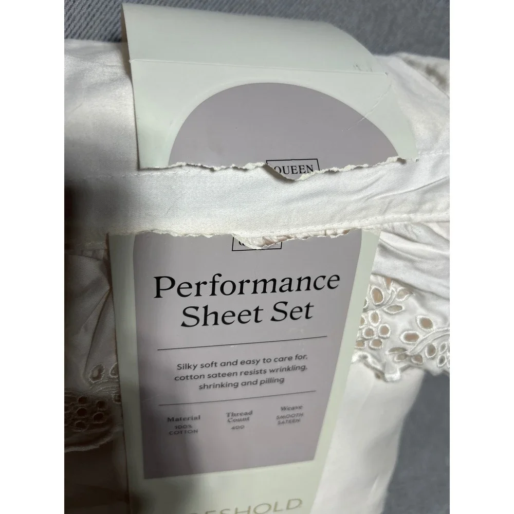 Threshold Performance Sheet Set Queen Cream Eyelet Lace Ruffle 400TC Cotton 4pc